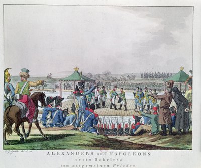 Alexander I (1777-1825) en Napoleon (1769-1821) zetten de eerste stappen naar een algemene staat van vrede, 26 juni 1807 door Christian Gottfried Geissler